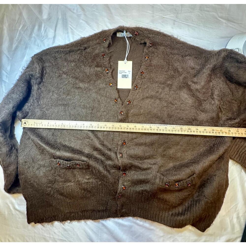 MNML Sky Jeweled Cardigan Sweater Men’s XL Brown Rhinestone Fuzzy Knit NWT Flaw - Picture 6 of 6